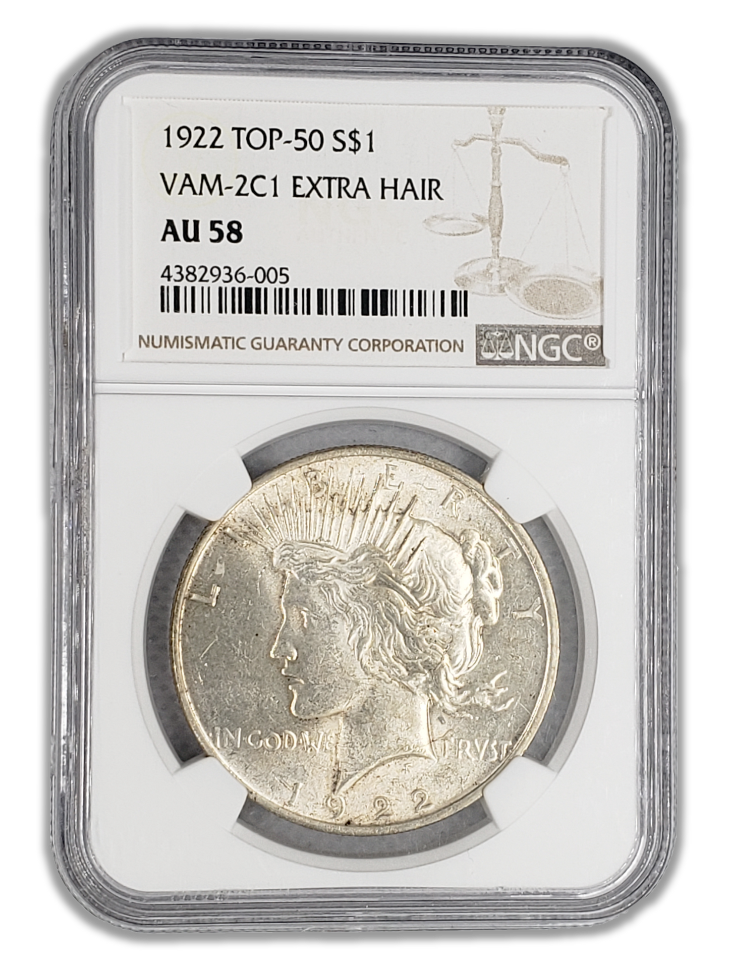 1922 Peace Silver Dollar Philadelphia - NCG AU58 Extra Hair
