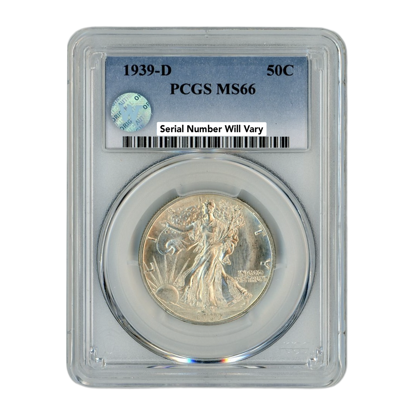 1939 D Walking Liberty Silver Half Dollar - PCGS MS66 Sight White