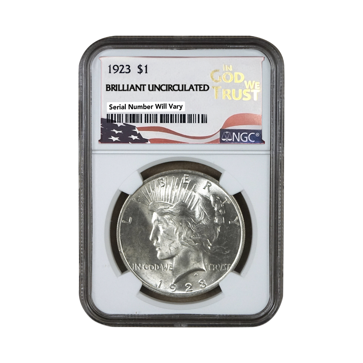 1923 Peace Dollar Philadelphia Brilliant Uncirculated in God We Trust Label - NGC