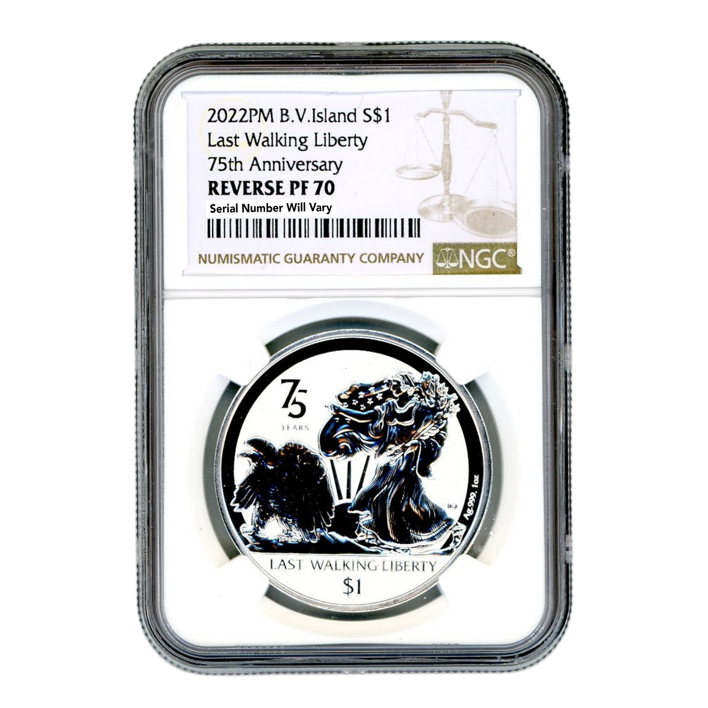2022 BVI Walking Liberty- 75th Anniv. - 1 oz Reverse Silver Coin NGC PF70