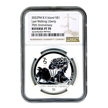 2022 BVI Walking Liberty- 75th Anniv. - 1 oz Reverse Silver Coin NGC PF70