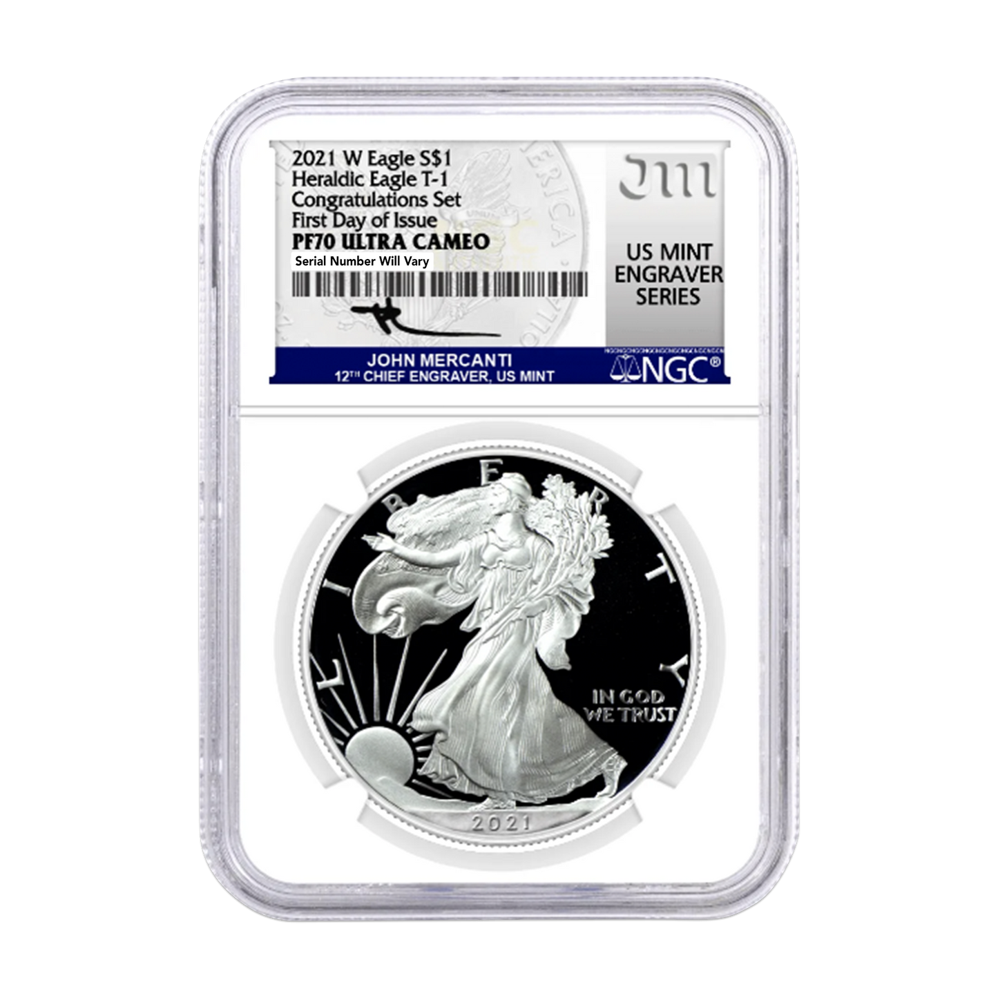 2021 Silver Eagle Type 1 Proof Congratulations - NGC PF70 FDI Mercanti Blue Label