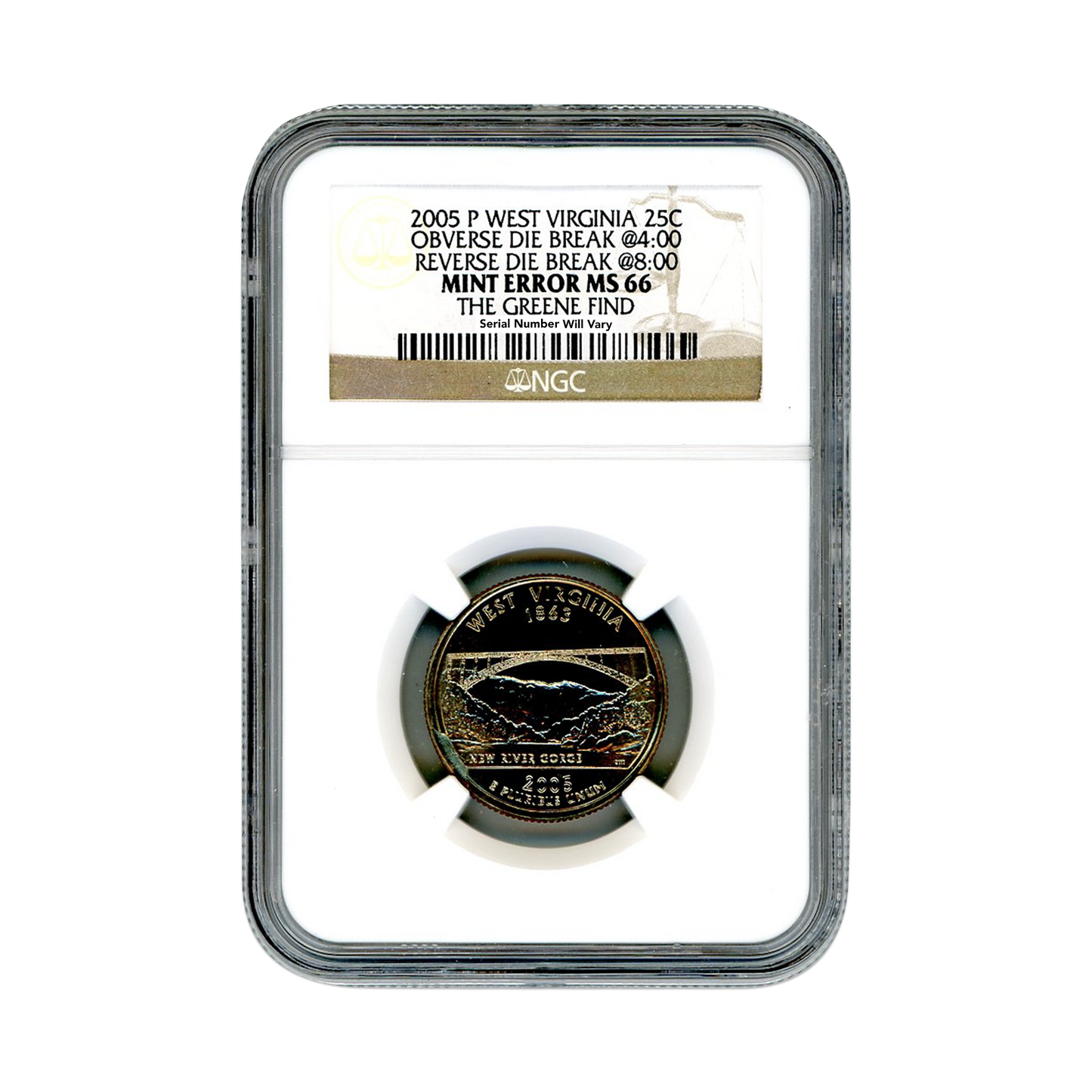 2005 West Virginia Quarter Dollar Philadelphia- "The Green Find" Mint Error - NGC MS66