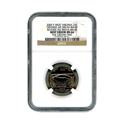 2005 West Virginia Quarter Dollar Philadelphia- "The Green Find" Mint Error - NGC MS66