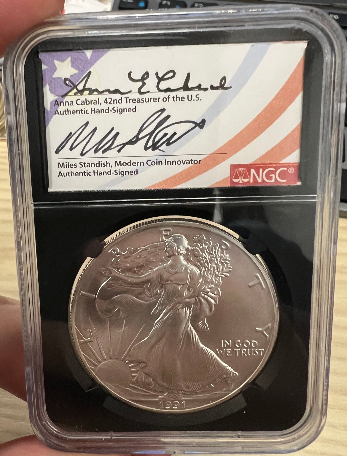 1991 Silver Eagle NGC MS69 Early Release - Cabral Standish Dual Signature Label