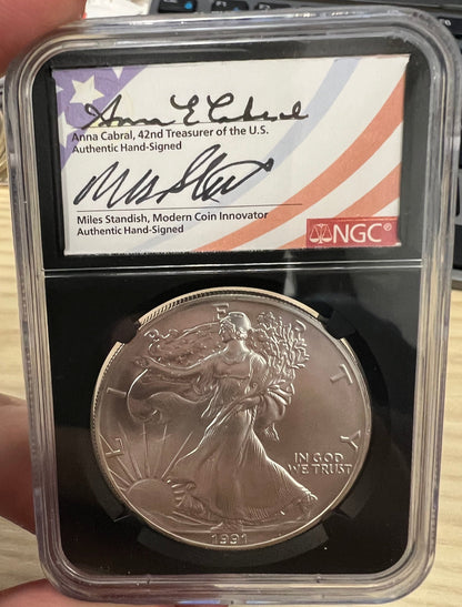 1991 Silver Eagle NGC MS69 Early Release - Cabral Standish Dual Signature Label
