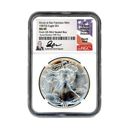 1987(S) Silver Eagle San Francisco - NGC MS69 David Moti Signature Label