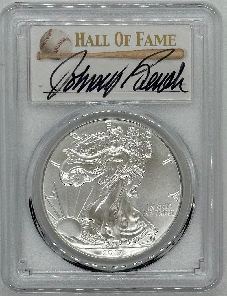 2017 Silver Eagle - PCGS MS70 Johnny Bench Autographed Baseball Label