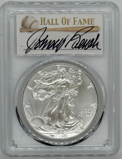 2017 Silver Eagle - PCGS MS70 Johnny Bench Autographed Baseball Label