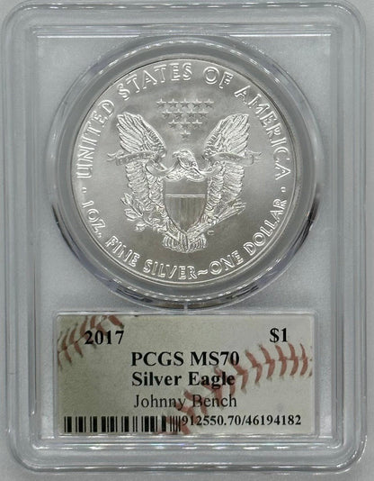 2017 Silver Eagle - PCGS MS70 Johnny Bench Autographed Baseball Label