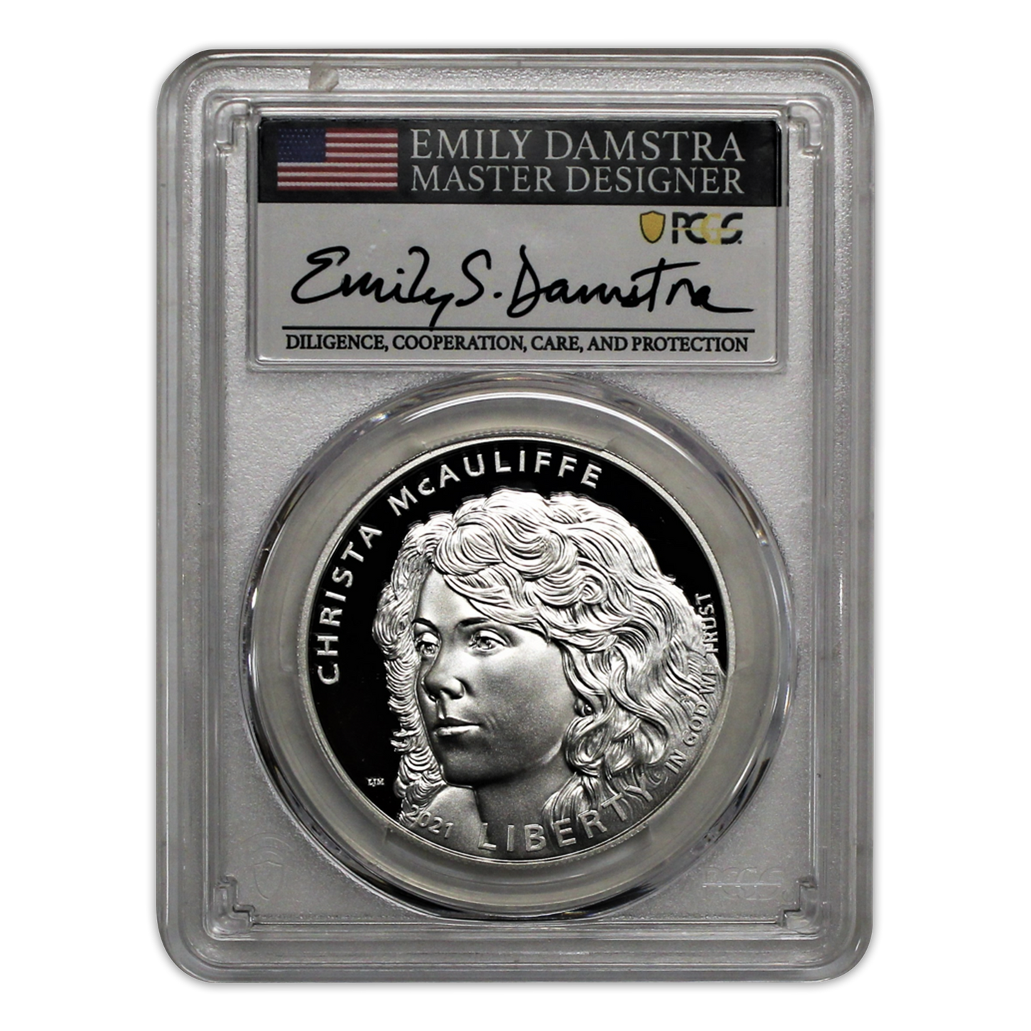 2021-P $1 Christa McAuliffe Silver - PCGS PR70DCAM 1st Day of Issue Emily Damastra Label