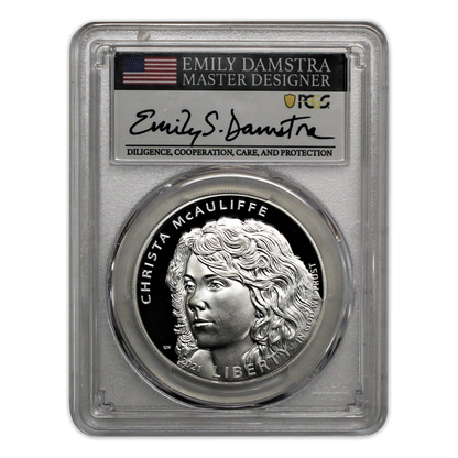 2021-P $1 Christa McAuliffe Silver - PCGS PR70DCAM 1st Day of Issue Emily Damastra Label