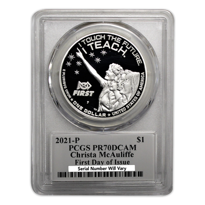 2021-P $1 Christa McAuliffe Silver - PCGS PR70DCAM 1st Day of Issue Emily Damastra Label