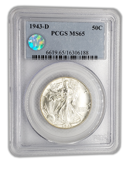 1943 Walking Liberty Silver Half Dollar Denver - PCGS MS65 Sight White