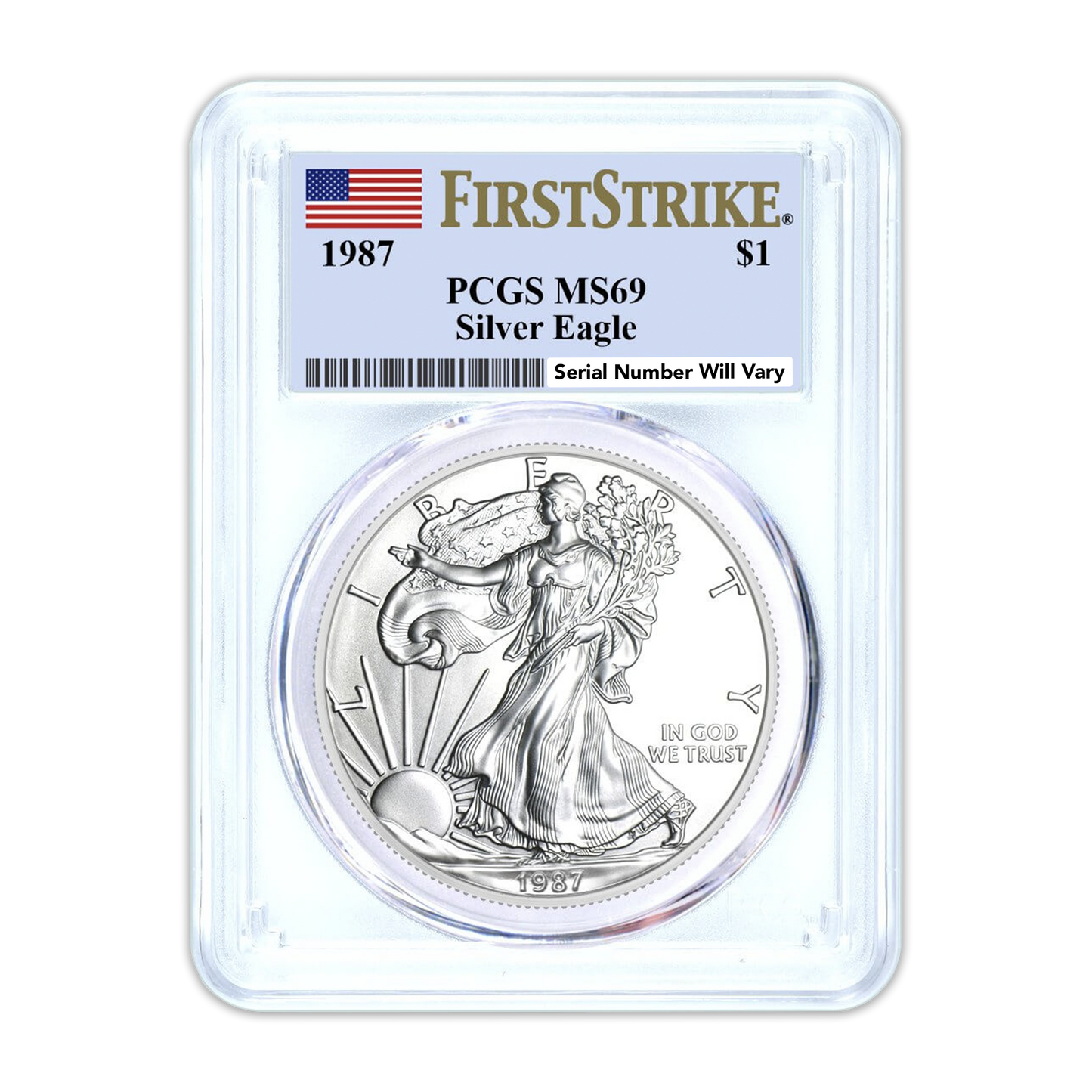 1987 Silver Eagle - First Strike - PCGS MS69 Flag Label