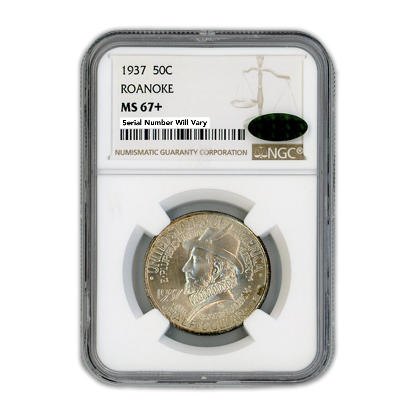 1937 Roanoke Silver Half Dollar Commemorative - NGC MS67+ CAC Label