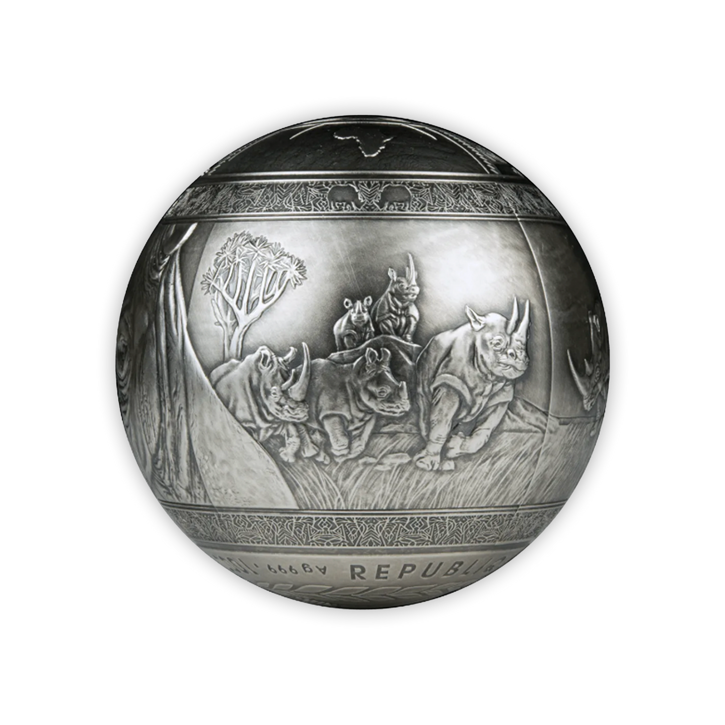 2022 Silver Djibouti BIG 5 Rhinoceros Spherical Antique Finish Coin