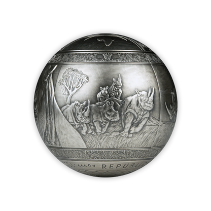 2022 Silver Djibouti BIG 5 Rhinoceros Spherical Antique Finish Coin