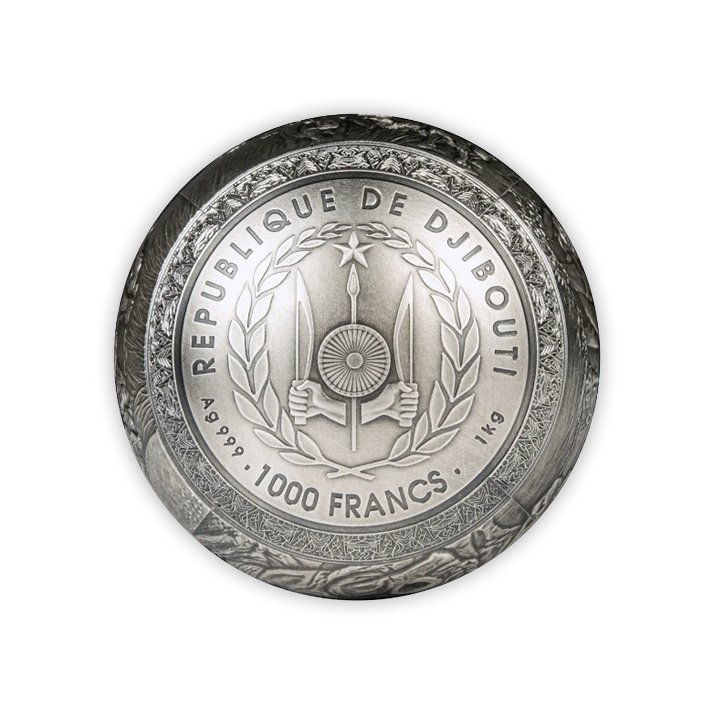 2022 Silver Djibouti BIG 5 Rhinoceros Spherical Antique Finish Coin