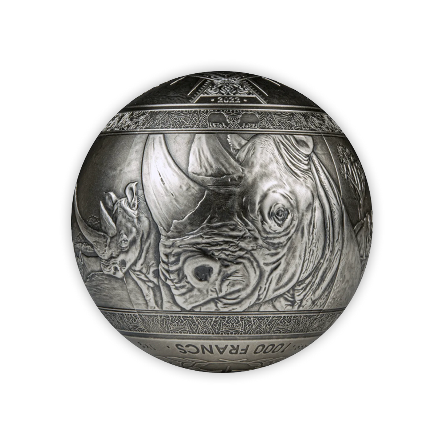 2022 Silver Djibouti BIG 5 Rhinoceros Spherical Antique Finish Coin