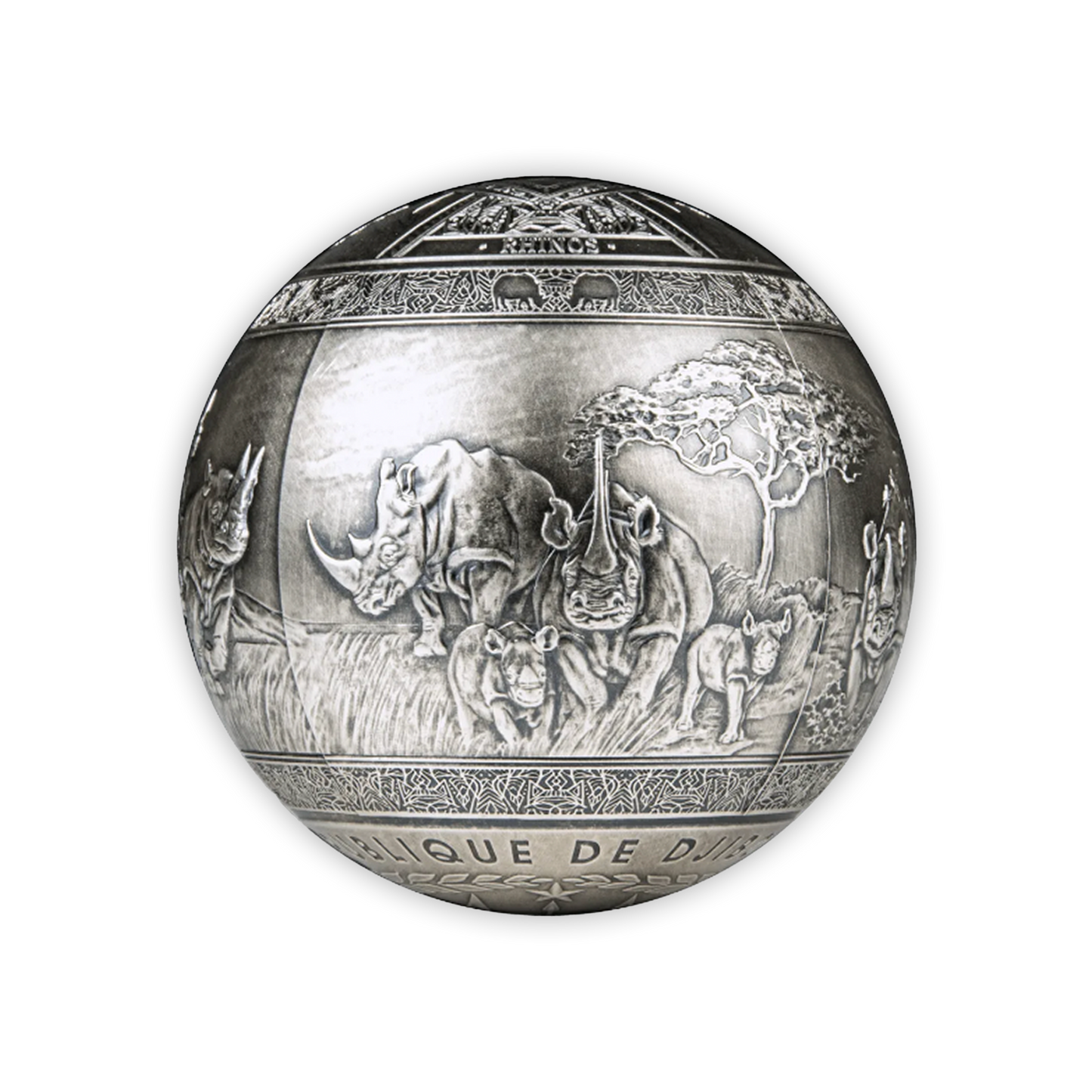 2022 Silver Djibouti BIG 5 Rhinoceros Spherical Antique Finish Coin