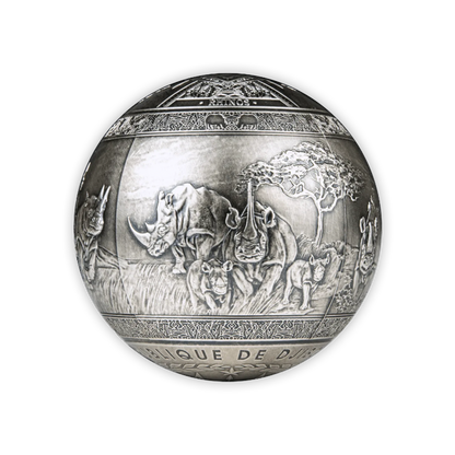 2022 Silver Djibouti BIG 5 Rhinoceros Spherical Antique Finish Coin