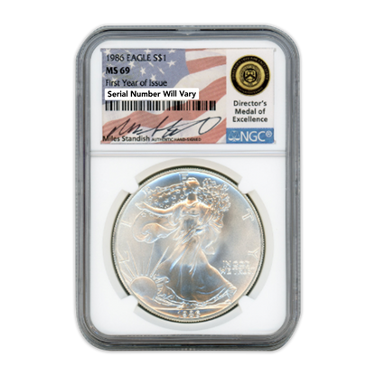 1986 Silver Dollar Eagle - First Year of Issue - Miles Standish Label NGC MS69
