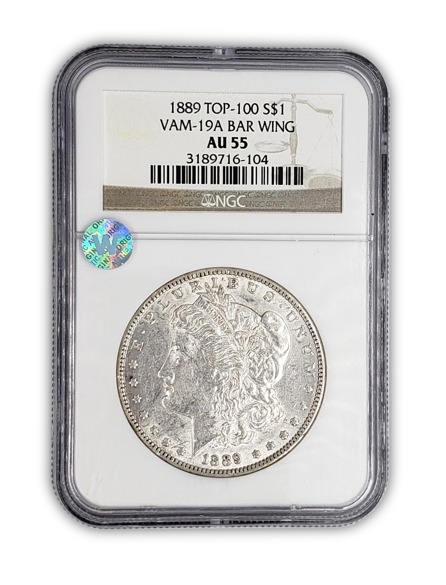 1889 Morgan Silver Dollar Philadelphia - Bar Wing NGC AU55 Sight White