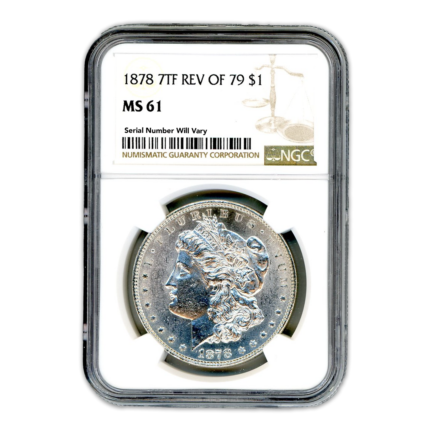 1878 Morgan Silver Dollar 7 Tailfeathers Reverse of 1879 - NGC MS61