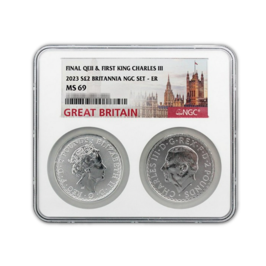 2023 Great Britian Final Queen Elizabeth II & First King Charles III Silver 2 Piece Set - NGC MS69 ER