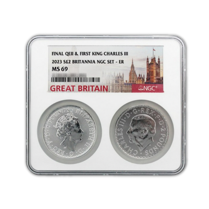 2023 Great Britian Final Queen Elizabeth II & First King Charles III Silver 2 Piece Set - NGC MS69 ER