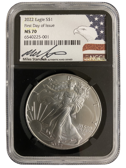 2022 $1 Silver Eagle -NGC MS70 First Day of Issue - Black Core Miles Standish Label