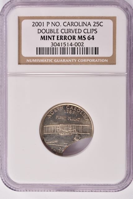 2001 North Carolina Quarter Double Clipped Planchet Error - NGC MS64