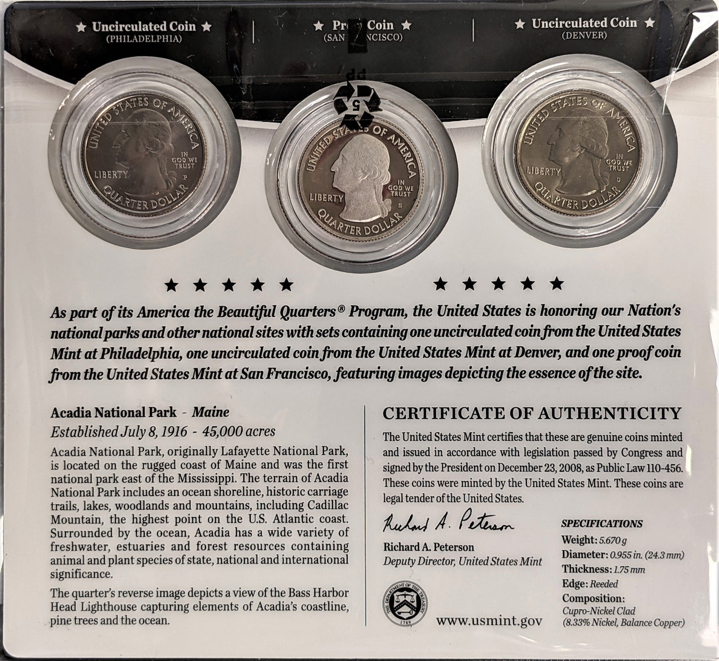 America The Beautiful Quarters - National Park Series Acadia - Three Coin Set