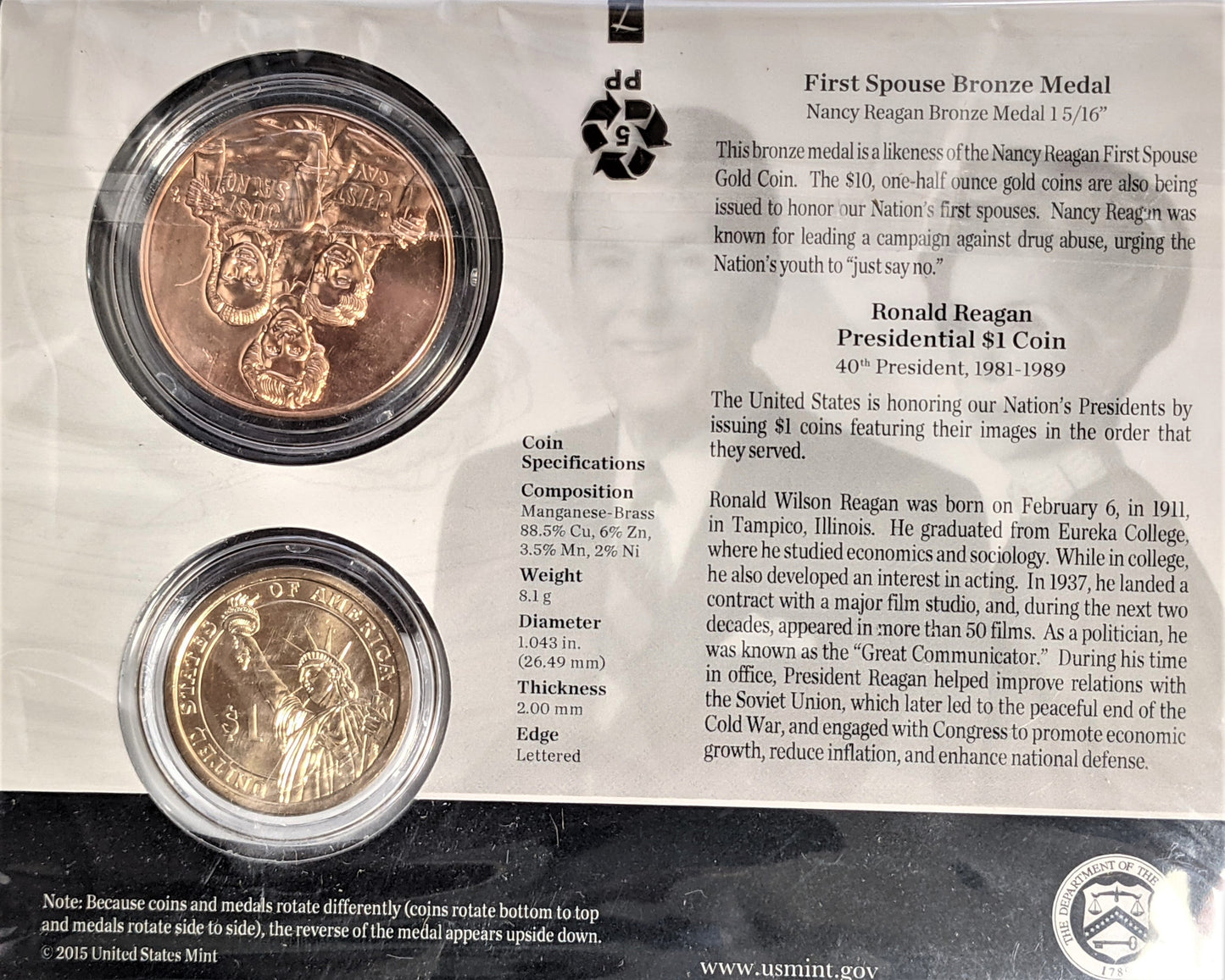 Presidential $1 Coin & First Spouse Bronze Medal Set - Ronald Reagan