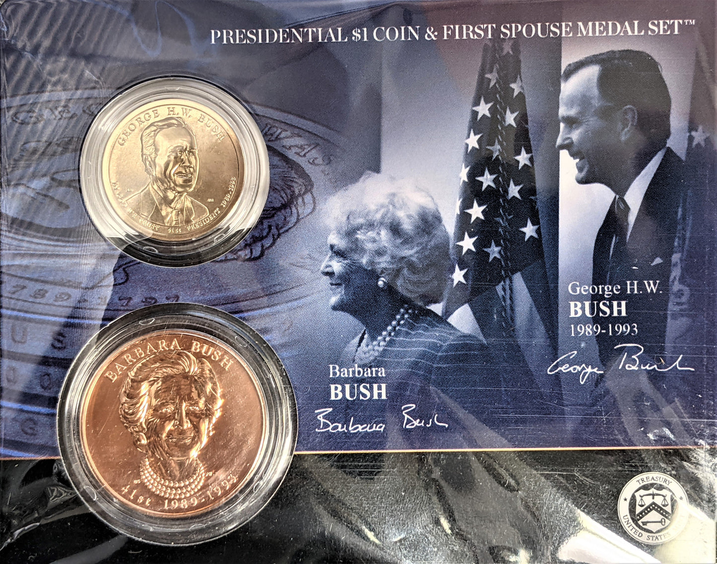 Presidential $1 Coin & First Spouse Bronze Medal Set - George H.W. Bush