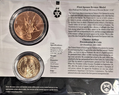 Presidential $1 Coin & First Spouse Bronze Medal Set - Chester Authur