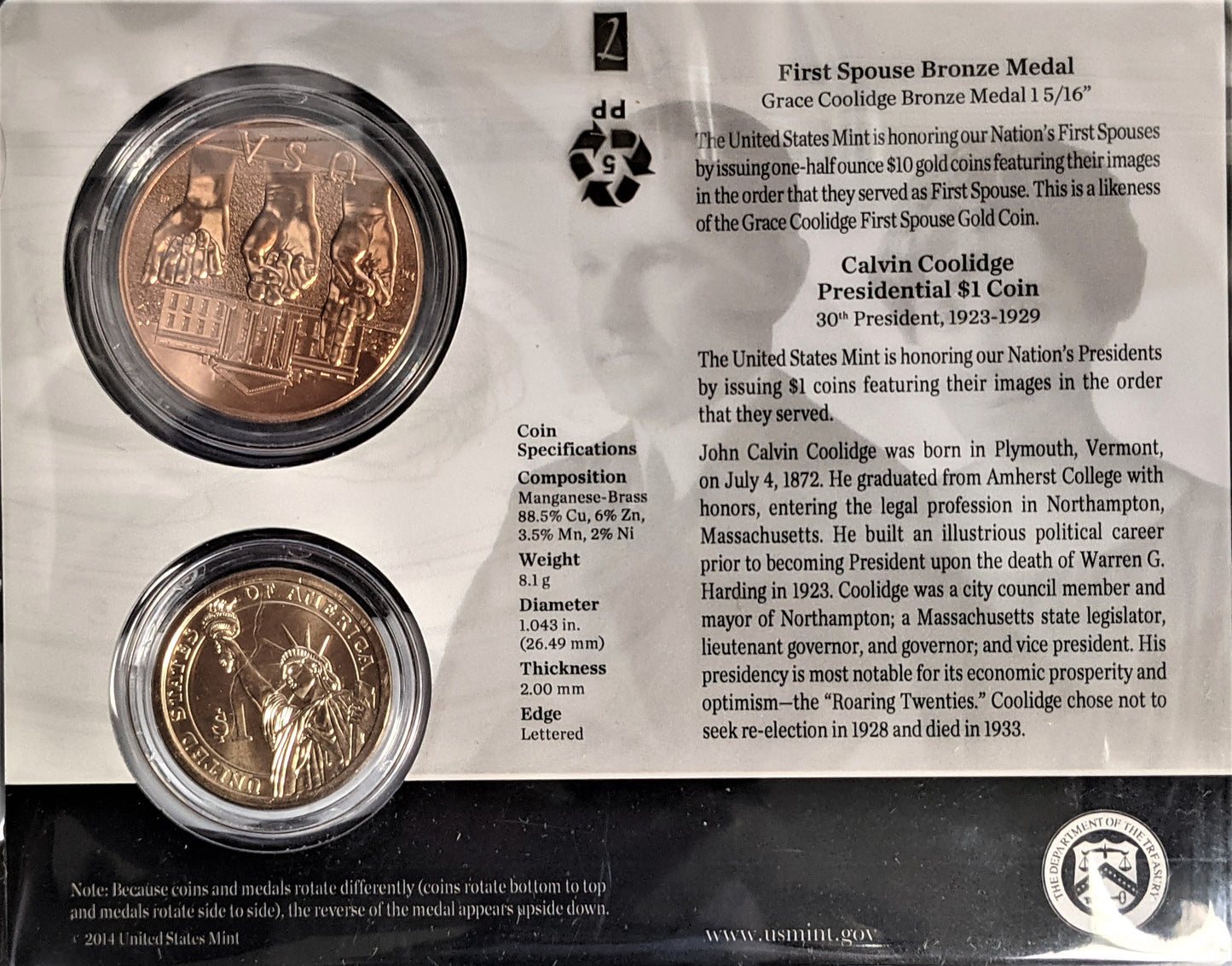 Presidential $1 Coin & First Spouse Bronze Medal Set - Calvin Coolidge