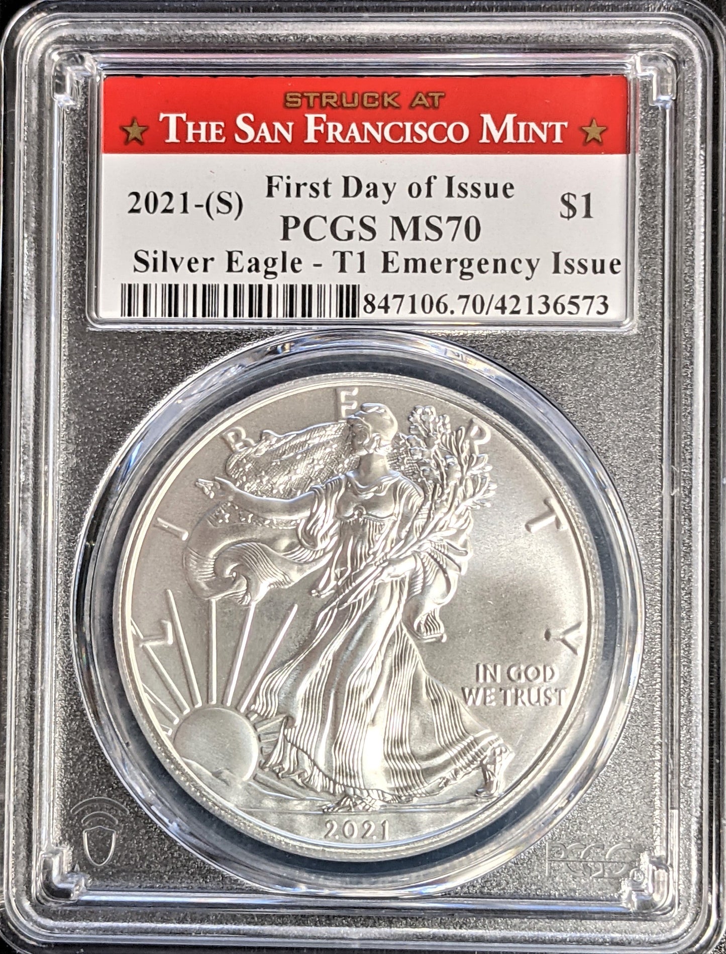 2021-(S) Silver Eagle T1 Emergency Issue PCGS MS70 First Day of Issue Small Spotting