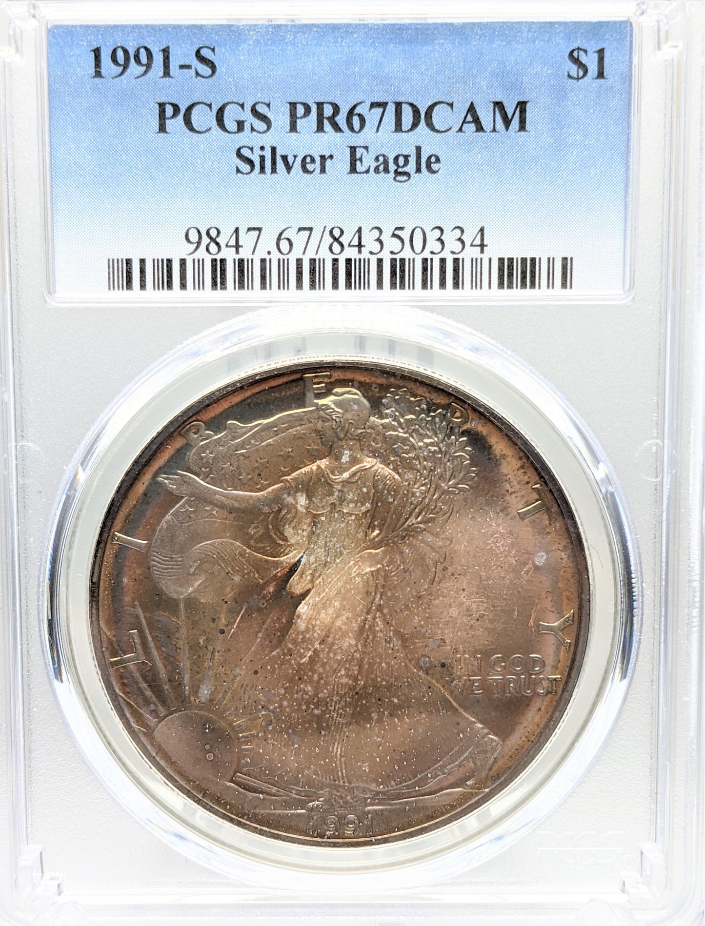 1991 S Silver Eagle - Beautiful Toning - PCGS PR67 Deep Cameo
