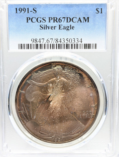 1991 S Silver Eagle - Beautiful Toning - PCGS PR67 Deep Cameo