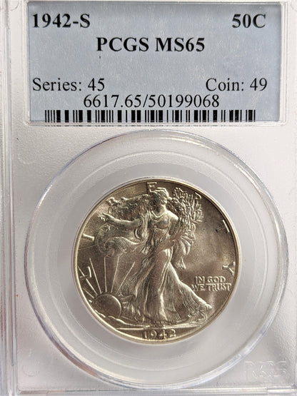 1942 S Walking Liberty Silver Half Dollar San Francisco - PCGS MS65