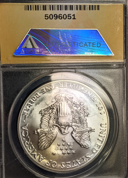 1986 Silver Eagle - Struck Through Grease -Error Coin ANACS MS63