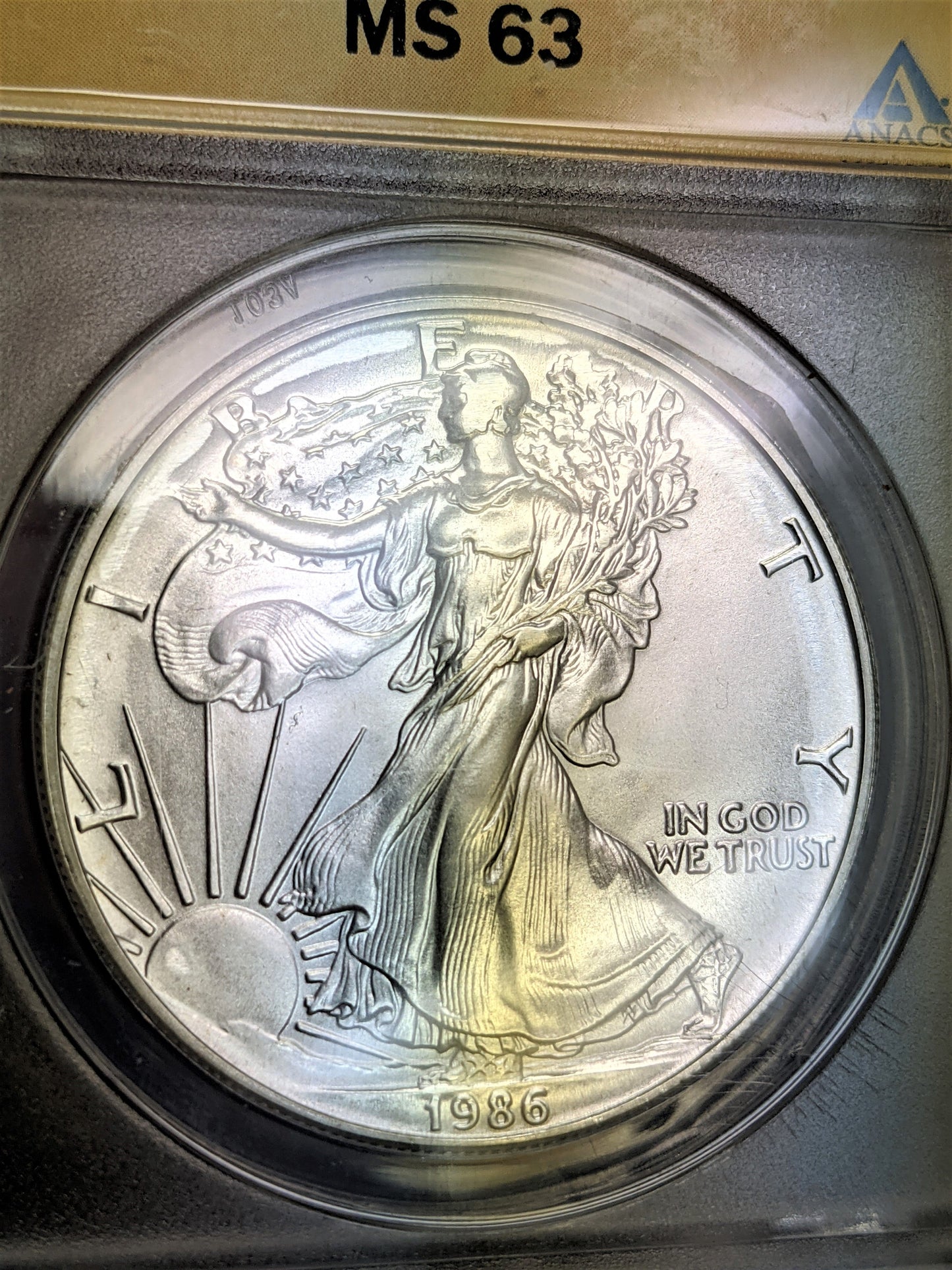 1986 Silver Eagle - Struck Through Grease -Error Coin ANACS MS63