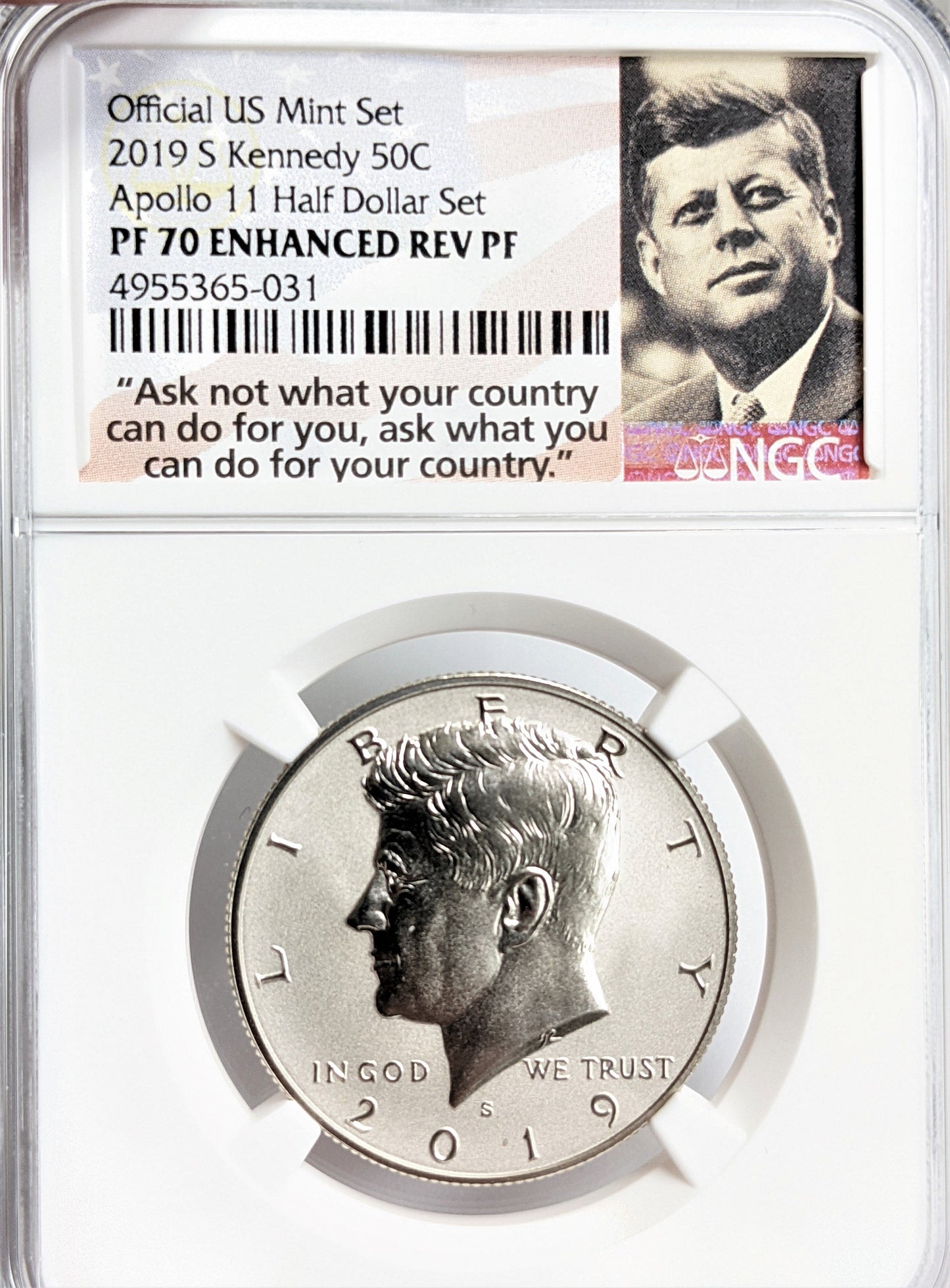 2019 S Apollo 11 50th Anniversary Kennedy Half Dollar 2 pc Set - NGC PF70 UC & Enhanced Rev Proof