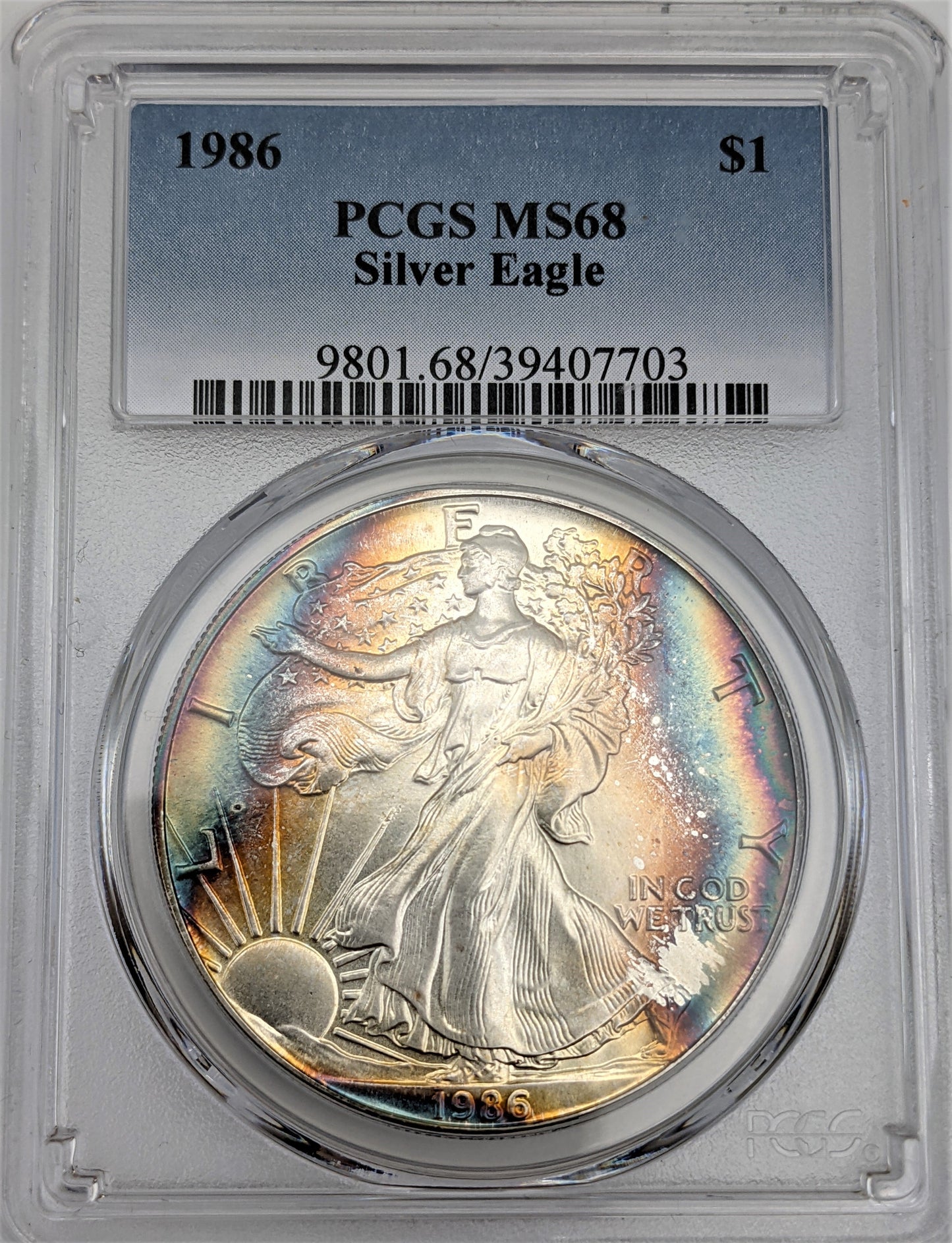 1986 Silver Eagle -Toning - PCGS MS68