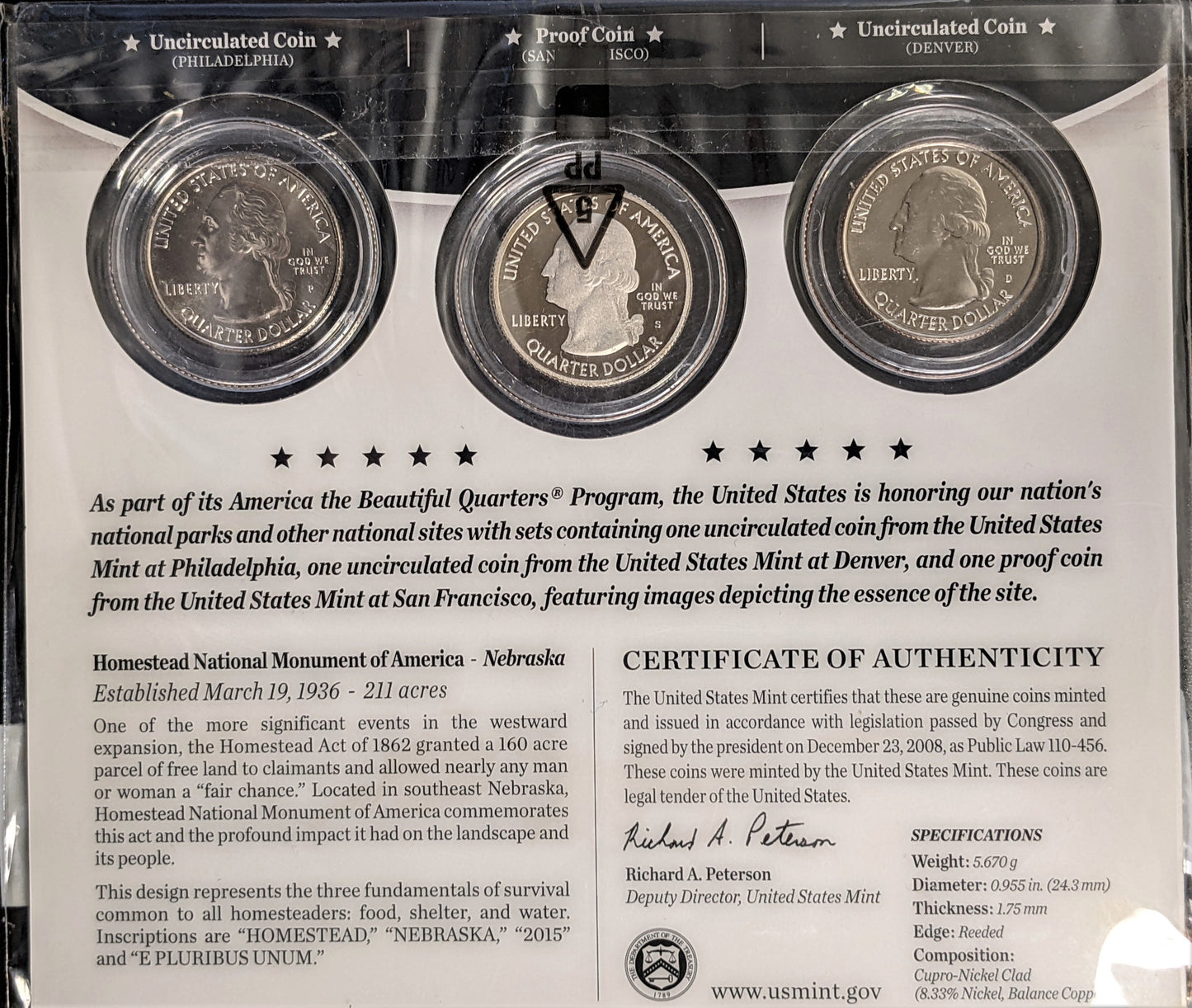 America The Beautiful Quarters - National Monument Homestead - Three Coin Set Unopened