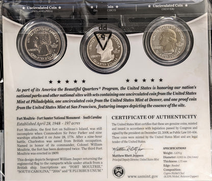 America The Beautiful Quarters - Fort Sumpter Monument Fort Moultrie - Three Coin Set Unopened