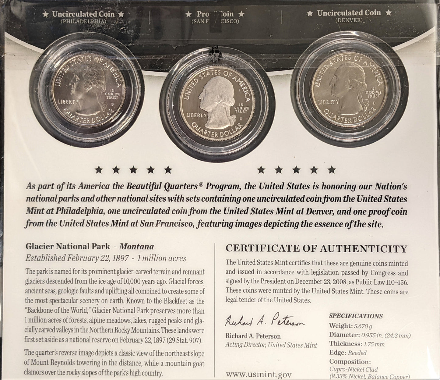 America The Beautiful Quarters - National Historic Park Glacier - Three Coin Set