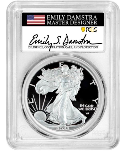 2022 S Silver Eagle San Francisco Proof - PCGS PR70 FDOI First Day of Issue Damstra Label